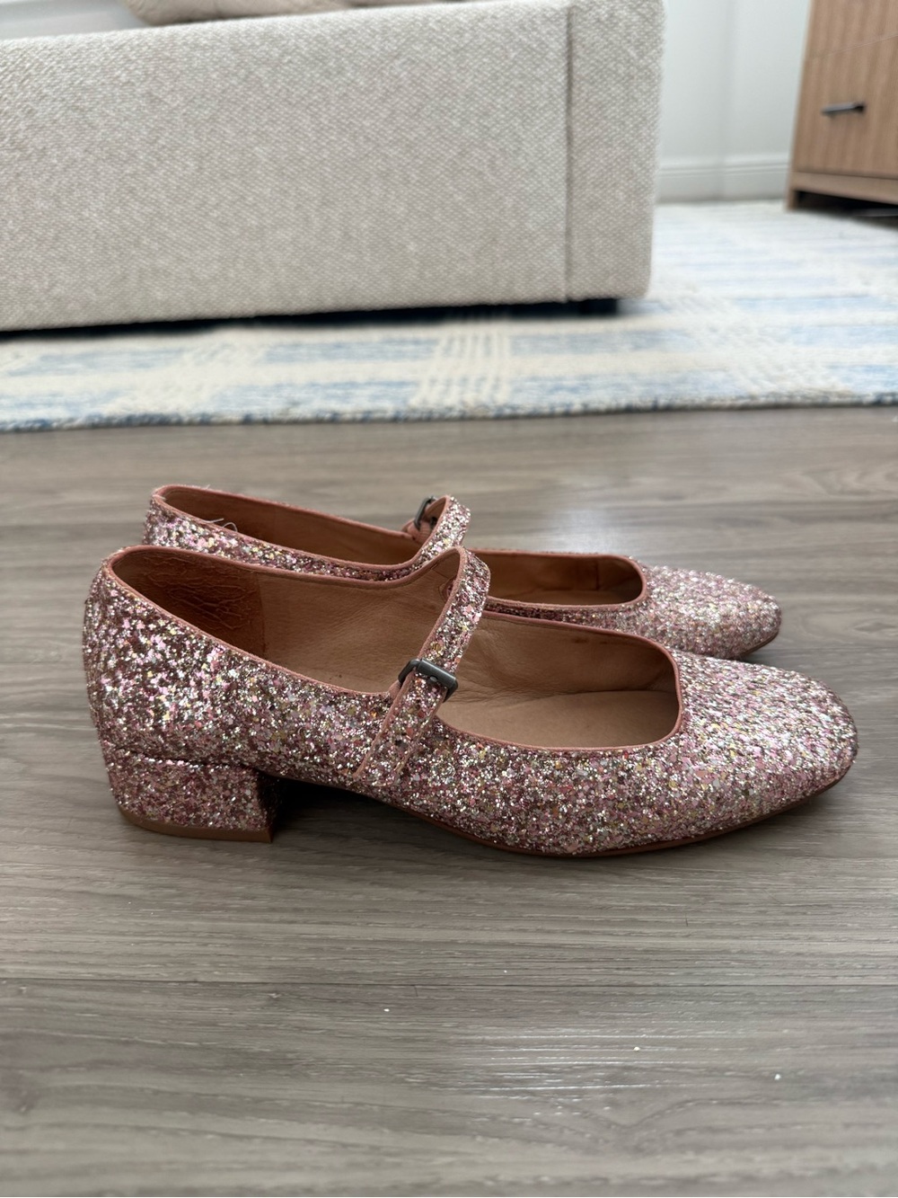 Madewell 8.5 Pink Glitter Mary Jane Block Heel Pumps